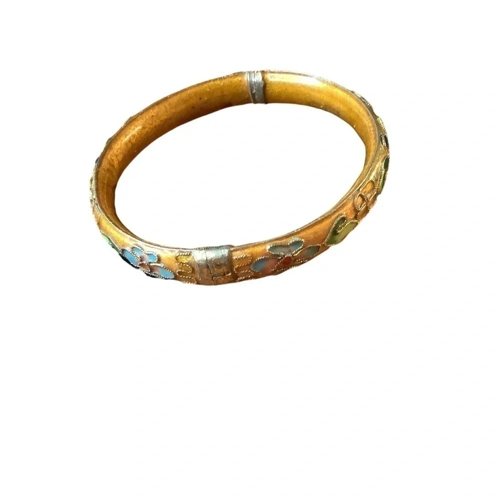 Vintage Cloisonné Hinged Bangle Raised Gold Gilt Enamel Flower